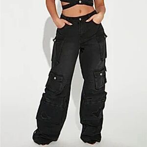 Fashion Nova Black Ankle Tie Cargo Jeans
